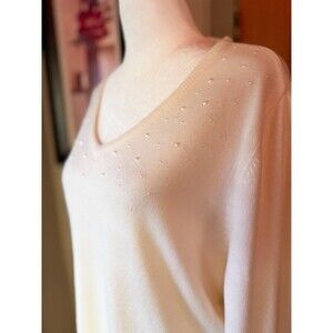 Carolyn Taylor Cream V-Neck Embellished Sweater Cottagecore Pearl XL Grannycore